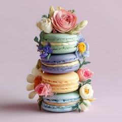 Stack of colorful macarons decorated with flowers isolated on white background