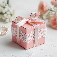 Elegant pink gift box with lace and ribbon isolated on white background