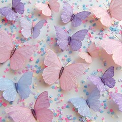 Soft pastel butterflies scattered across a textured surface isolated on white background