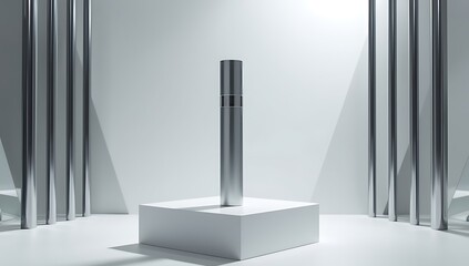 Sleek Silver Mascara Tube Centered on White Pedestal with Metallic Beams and Spotlight Illumination Creating a Modern Luxury Beauty Product Advertisement