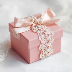 Elegant pink gift box with lace bow isolated on white background