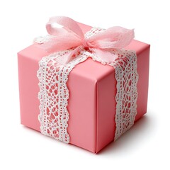 Pink gift box with lace ribbon isolated on white background