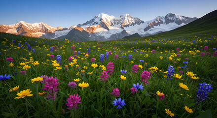Fototapeta premium Picturesque alpine meadow with colorful wildflowers and snow-capped mountains