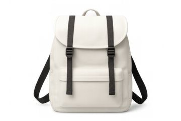 White minimalist backpack featuring sleek black straps, studio-photographed against transparent backdrop, ideal for graphic design mockups