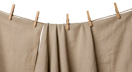 Realistic Image Of Beige Linen Cloth Hanging On Clothesline With Wooden Clothespins