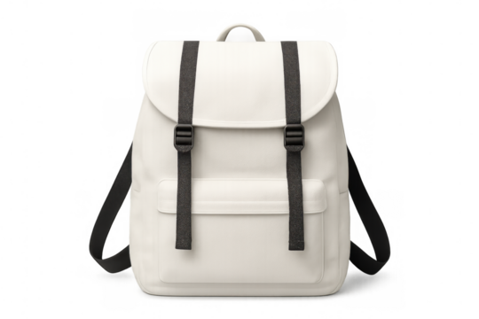 White minimalist backpack featuring sleek black straps, studio-photographed against transparent backdrop, ideal for graphic design mockups
