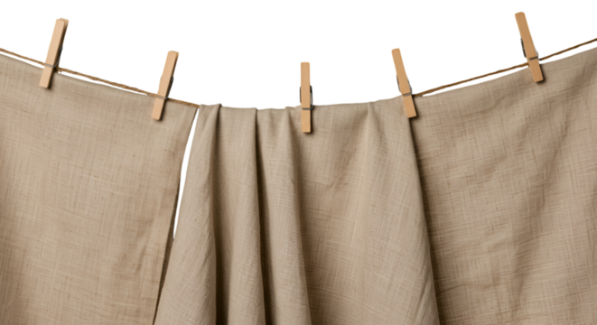 Realistic Image Of Beige Linen Cloth Hanging On Clothesline With Wooden Clothespins