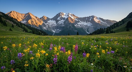 Fototapeta premium Picturesque mountain landscape with wildflowers in full bloom, perfect nature scene