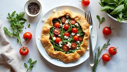 Deliciously Rustic Tomato and Arugula Galette with Crumbled Feta Cheese Perfect for Brunch or Light Meal