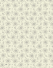 Floral pattern with daisy like flowers leaves and small circles scattered on a light background