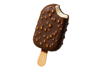 Delicious Chocolate Coated Ice Cream with Crispy Nuts and Wooden Stick – Perfect for Menu or Food Ads
