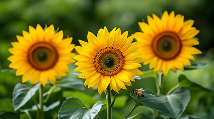 Obraz premium Three sunflowers in a garden.