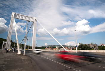 White Elisabeth Bridge In Budapest With Road Traffic Motion