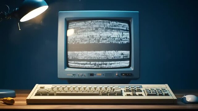 Vintage computer with static on the screen, keyboard, mouse, and lamp on a wooden desk