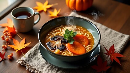 Cozy Autumn Warm Ramen Bowl With Mushrooms Carrots and a Cup of Tea on a Wooden Table Surrounded by Fall Leaves