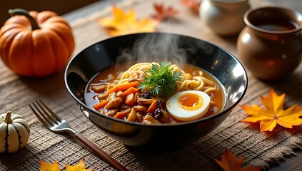 Warm Autumn Flavors Steaming Bowl of Savory Ramen Noodles with a Perfectly Boiled Egg and Fresh Greens Garnished with Vibrant Fall Leaves