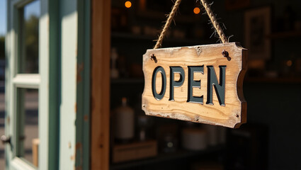 A charming wooden open sign with carved letters hanging on a rope in the doorway of a small local shop on a sunny day.