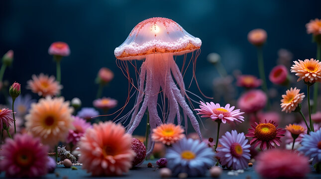 Glowing jellyfish surrounded by colorful flowers in dark water