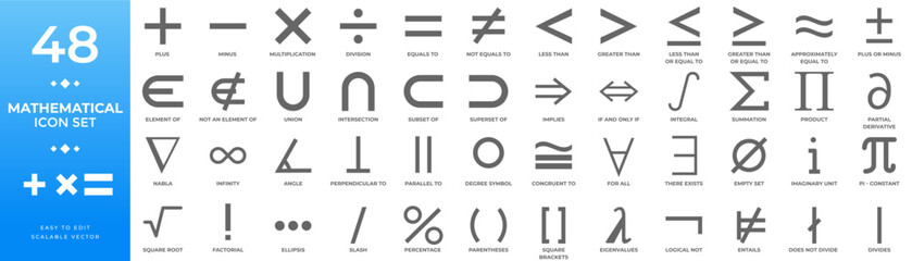 Obraz premium Collection of 48 mathematical vector icons, including symbols for arithmetic, algebra, calculus, logic, and set theory, designed for educational materials and academic visual content