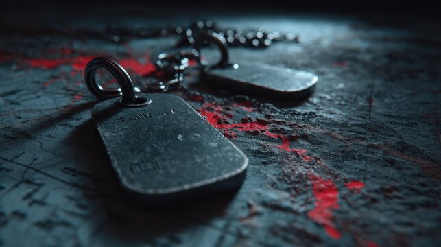 Dog Tags on Blood-Stained War Map &ndash; Loss and Remembrance