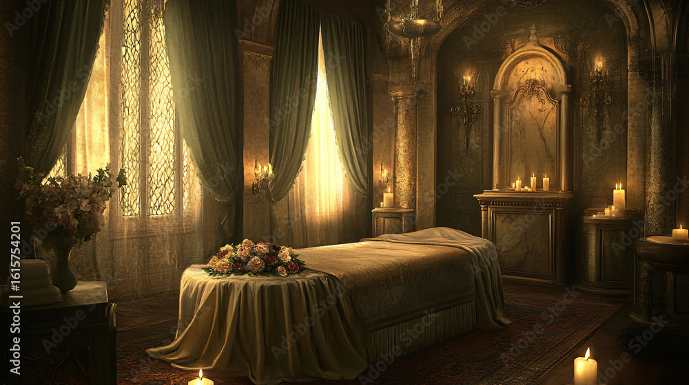 Poster Cozy bed with a stylish table decorated with candles creating a warm and inviting environment