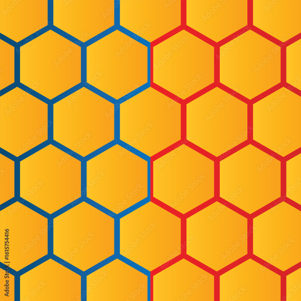 Poster background pattern seamless hexagon honeycomb gradient yellow to orange color on ren and blue color.