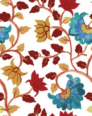 traditional seamless kalamkari flower pattern isolated on white background.  kalamkari pattern. ethnic flowers seamless vector pattern.