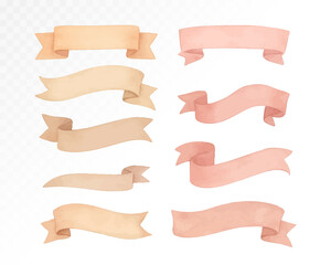 Watercolor ribbon set in warm pastel shades of peach, pink, and coral. Curved banners for decorative or celebratory design. Vector illustration.