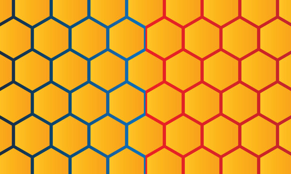 Background pattern seamless hexagon honeycomb gradient yellow to orange color on ren and blue color. versus background