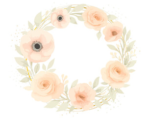 Watercolor round floral wreath with blush anemones and greenery. Soft botanical frame in romantic pastel tones. Vector illustration.