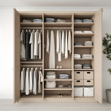 Wardrobe. A high-resolution image of an open wardrobe with neatly arranged clothes. Ideal for showcasing wardrobe organization, home decor, and fashion organization.