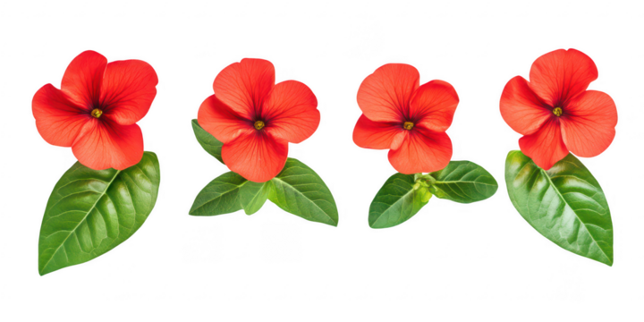 Four red flowers with leaves isolated on transparent png background - Powered by Adobe