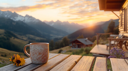 A beige mug sits on a wooden table overlooking a mountain sunrise.