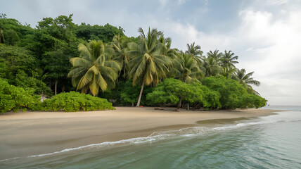 Deserted Tropical Island Beach with Palm Trees, Turquoise Ocean, and Clear Blue Sky


