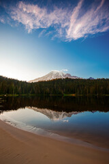 Calm Reflection Lake with mirror-like surface reflecting surrounding mountains and trees. 