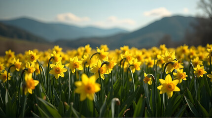 Fototapeta premium Field of yellow daffodils with mountains in the background view