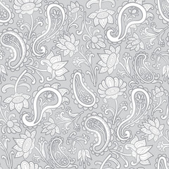 Fototapeta premium Paisley floral pattern, abstraction, swirl flowers, white and grey colors. Seamless floral pattern-809.