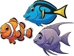 Colorful Cartoon Tropical Fish Set &ndash; Clownfish, Blue Tang, and Angelfish Underwater Vector Illustration
