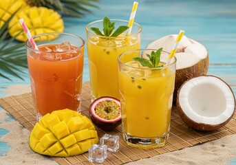 Tropical drinks with mango, passion fruit, and coconut on a beach mat and blue wood table