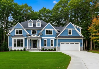 Beautiful blue house exterior with green lawn and lush trees