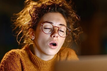 Tired freelancer yawning while working at night on laptop