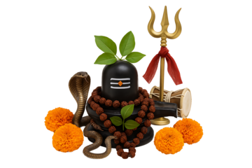Divine Lord Shiva Representation with Snake, Trishul, Rudraksha Garland, and Marigolds – Spiritual Indian Devotion Concept