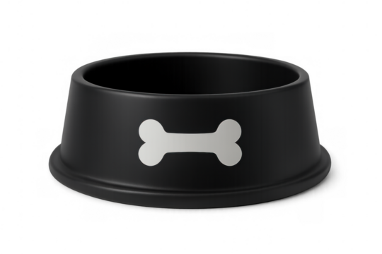 Black ceramic dog dish featuring white bone icon, symbolizing pet nutrition against transparent backdrop - Powered by Adobe