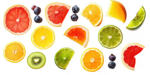 Various fruit slices arrangement on transparent png background