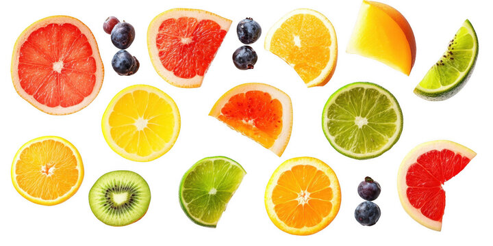 Various fruit slices arrangement on transparent png background
