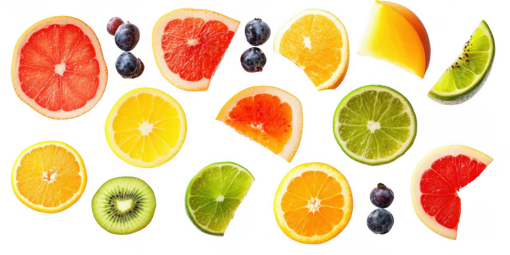 Various fruit slices arrangement on transparent png background