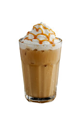 Realistic Photo Of Iced Caramel Coffee With Whipped Cream In A Transparent Glass