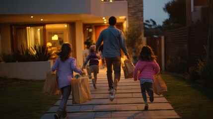 Man and three children are running down a sidewalk, each carrying a bag