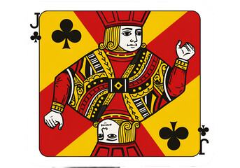 Playing Card Illustration Of Jack In Red And Yellow With Clubs Symbol