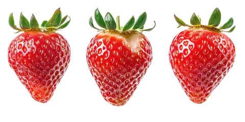 Three ripe strawberries isolated on transparent png background